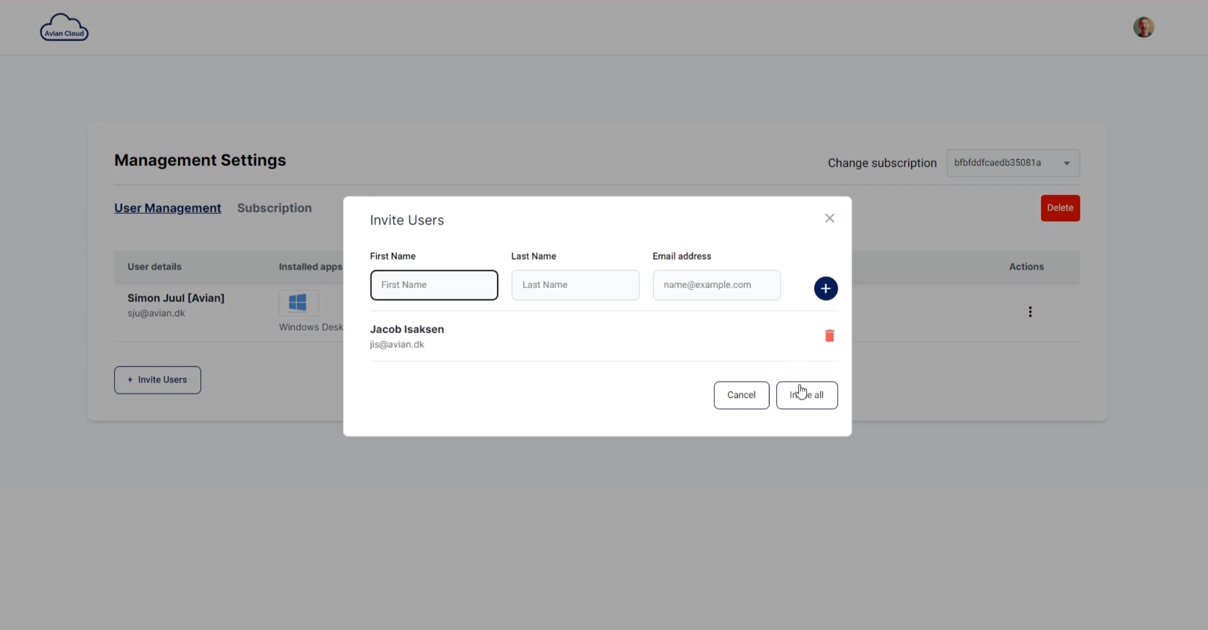 Invite other users by entering their email address